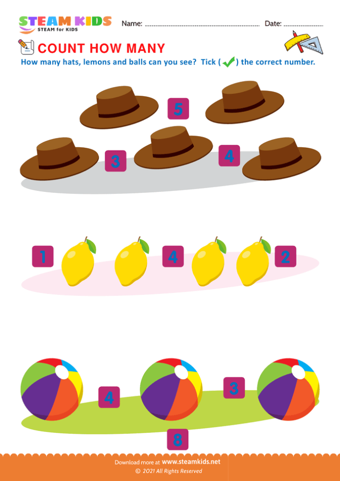 Colorful worksheet for Pre-K kids focusing on counting, shapes, and sorting skills