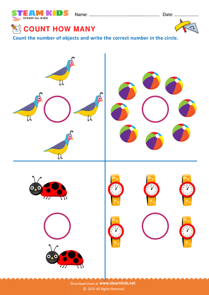 Worksheet for Pre-K kids focusing on shapes, colors, counting, and sorting skills. Engaging multi-skill practice page for young learners.