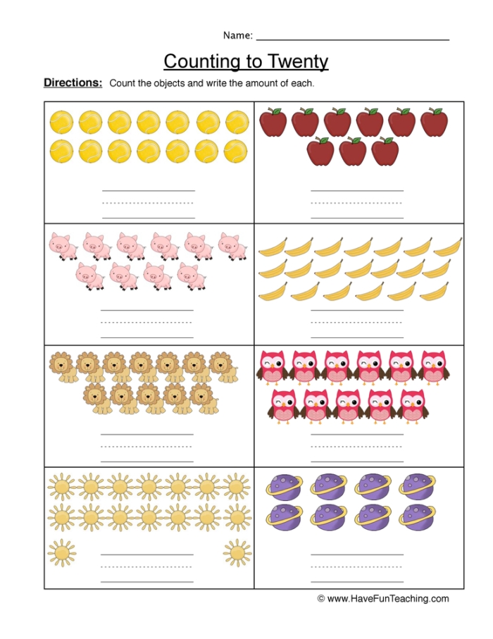 Counting to 20 Assessment Activity for Kindergarten Math Evaluation Students counting objects and writing numbers up to 20 on a Pre-K assessment worksheet to evaluate number sequencing skills