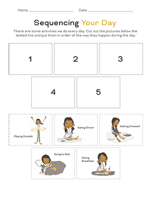 Sequencing Your Day Worksheet for Early Readers and Writers Pre-K students engaging in a cut-and-paste worksheet for sequencing daily routines