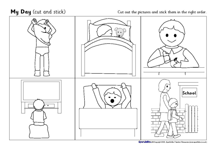 Reading worksheet for Pre-K Children engaging with the Sequencing Your Day worksheet for story sequencing practice. Worksheet image for Pre-K daily routine activities.