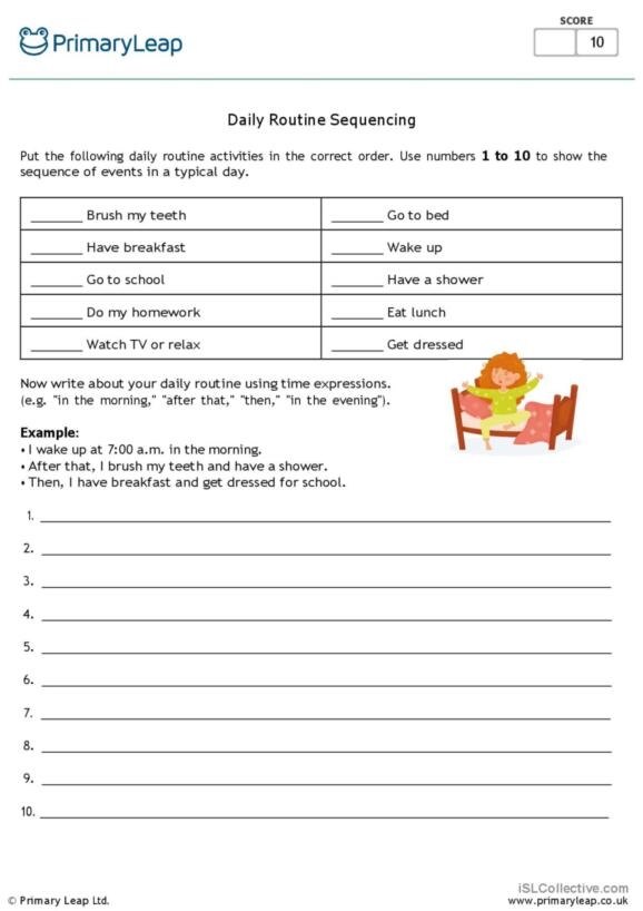 Interactive daily routine cut-and-paste worksheet for Pre-K learners Children engaging with the Sequencing Your Day worksheet for story sequencing practice