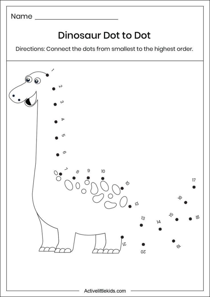 Alphabet dinosaur connect the dots activity sheet number fourteen Pre-K student worksheet featuring a dinosaur silhouette with alphabet dots from A to Z for tracing practice