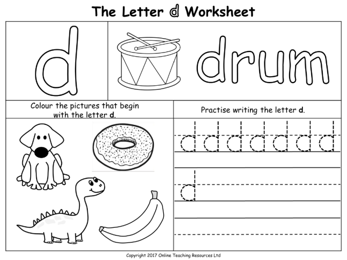 Printable D is for Dinosaur alphabet activity sheet 25 D is for Dinosaur letter tracing and coloring worksheet for preschool students