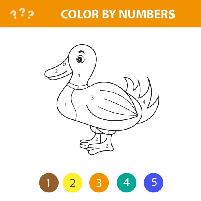 Color by number worksheet featuring two ducks swimming in a pond for preschoolers