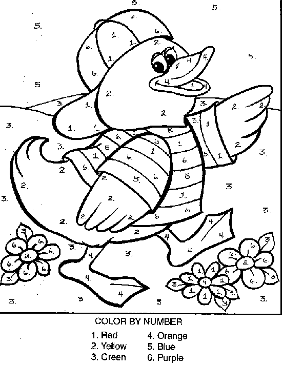 Color by number worksheet featuring two ducks swimming in a pond for preschoolers