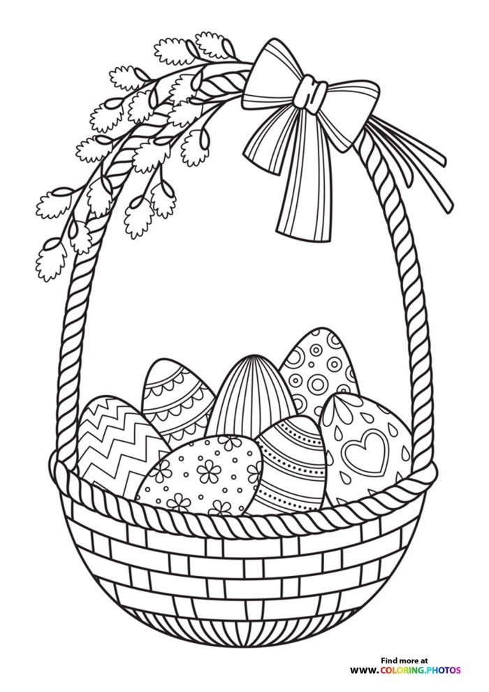 A young child coloring an Easter basket filled with decorated eggs and spring flowers on a worksheet