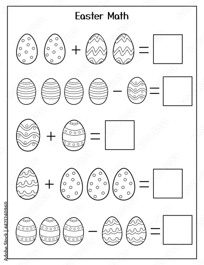 Easter Math: Busy Bee Addition worksheet for Pre-K students showing visual addition problems with bee and Easter themed graphics