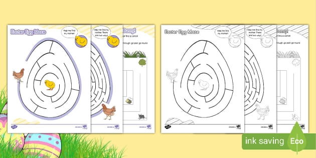 Pre-K Easter egg hunt maze activity page with counting challenge number five