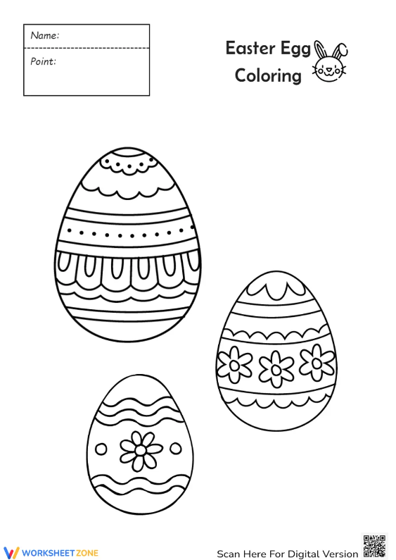 Easter Bunny painting a large egg with a paintbrush while a child colors in the blank egg design