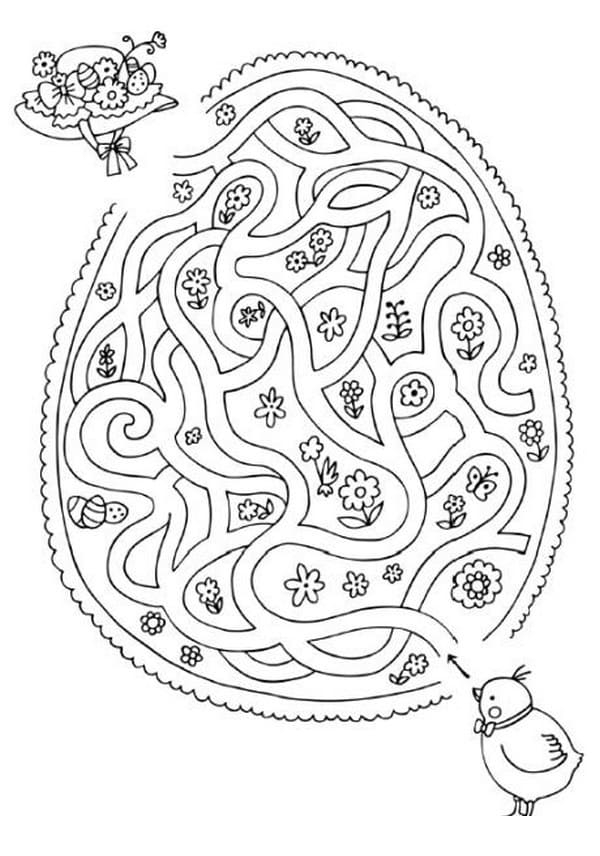 A colorful Easter maze worksheet featuring a rabbit navigating to find an egg