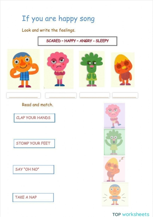 Colorful worksheet for young children to explore senses and emotions through pictures