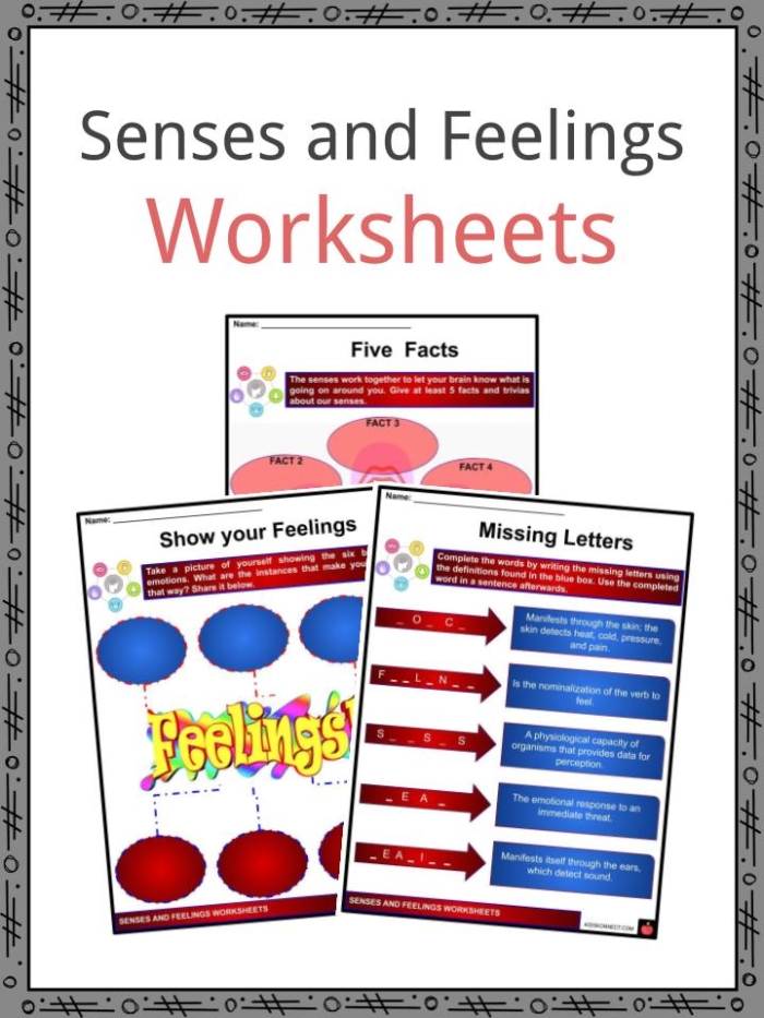 Pre-K worksheet featuring matching activities for the five senses and various emotions