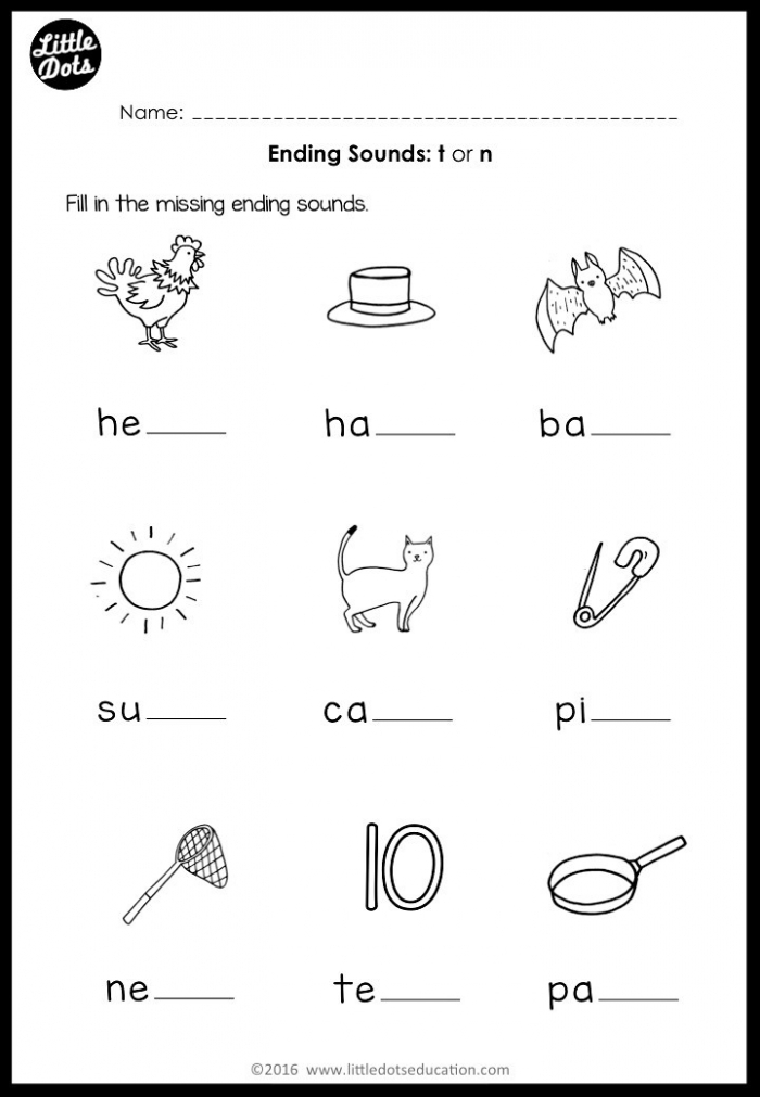 End Sounds Identification Activity Sheet for Pre-K Students 2 Pre-K worksheet helping children practice identifying the final sounds in words to build spelling skills