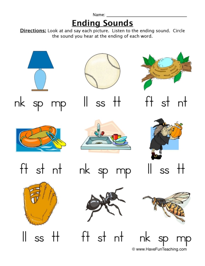 End Sounds Worksheet for Pre-K History Lesson 18 Pre-K worksheet helping children identify end sounds for phonics practice