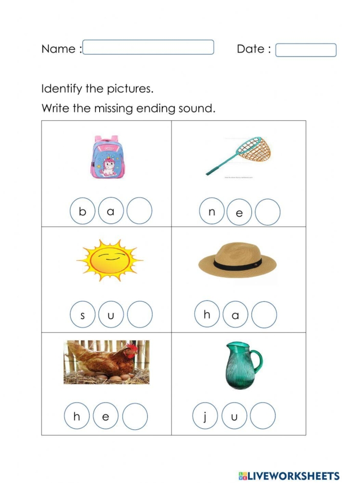 End Sounds worksheet for early learners page 24 Pre-K worksheet page 24 featuring various illustrations for practicing final letter sounds