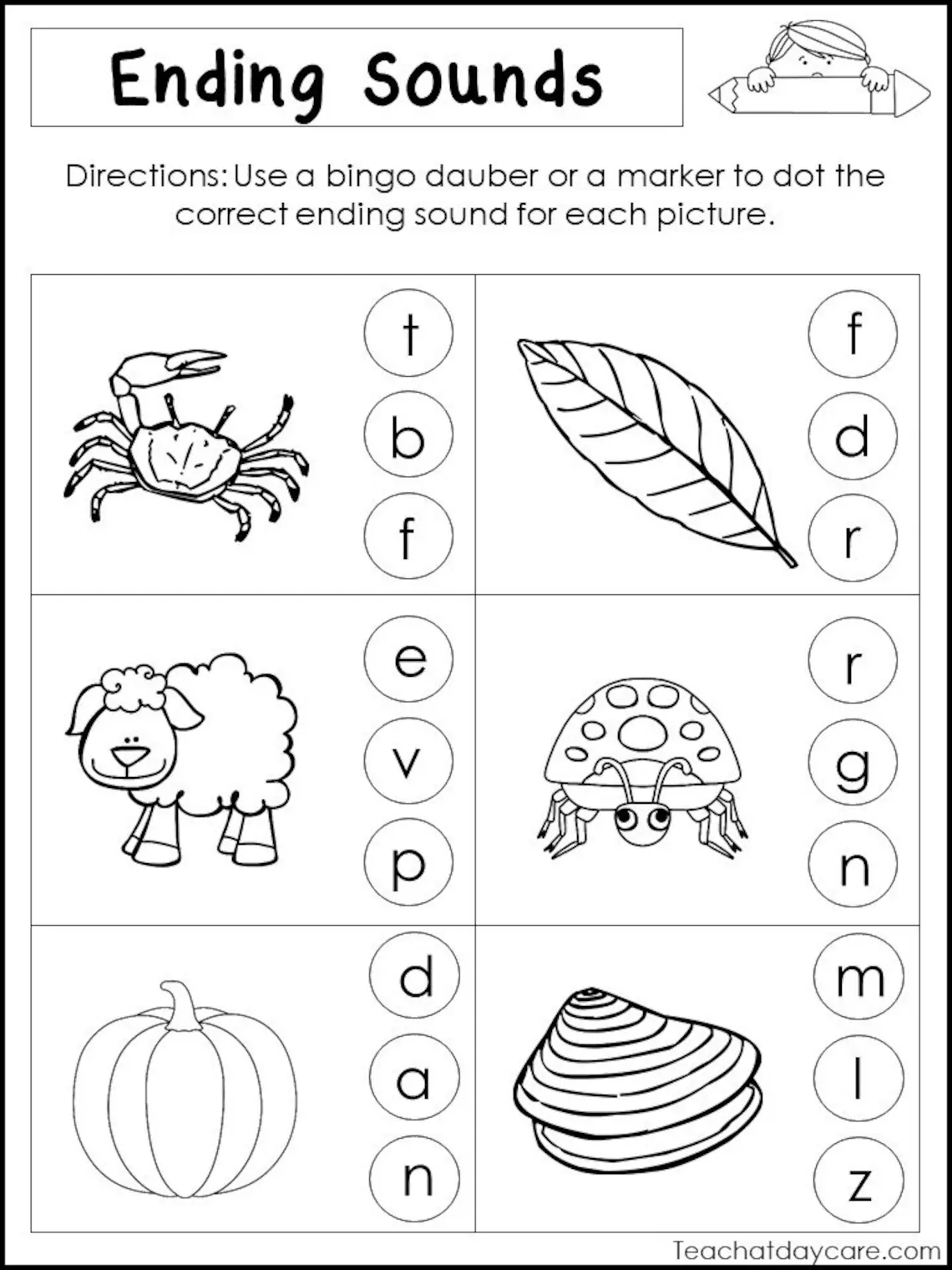 End Sounds Learning Activity for Beginning Readers Number 10 Pre-K students identifying ending sounds of pictures to develop phonetic awareness and spelling foundations