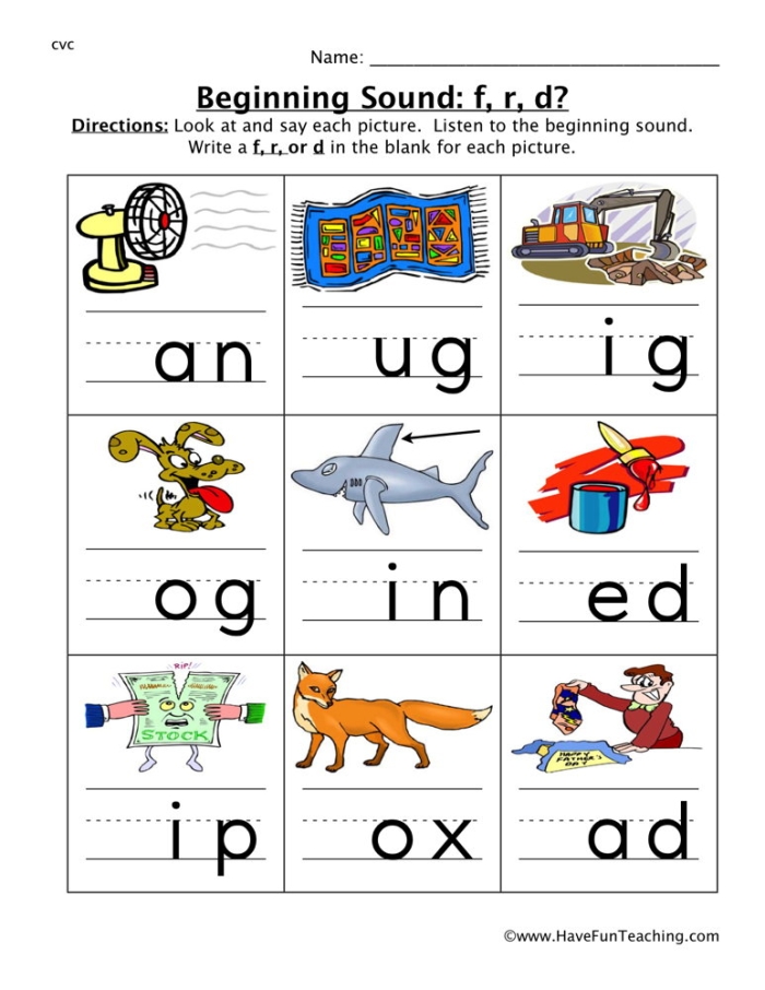 Pre-K worksheet activity focusing on practicing beginning sounds for the letters F and M with fox and monkey illustrations