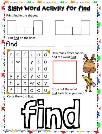 Worksheet featuring a fun arts and crafts activity where children color the word "find" as a silly creature