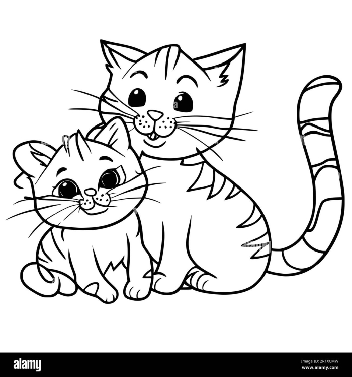 Coloring page for Pre-K students showing a mother cat and her kittens bonding together