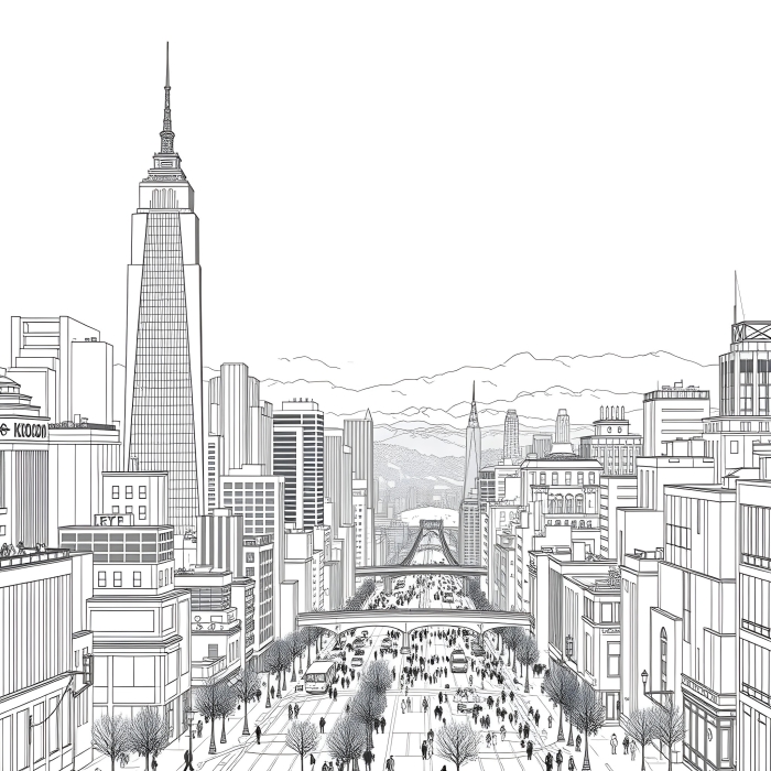 Trace and Color the City Worksheet 18 for Preschool Fine Motor Skills Pre-K worksheet with a city skyline for children to trace lines and color in for fine motor practice