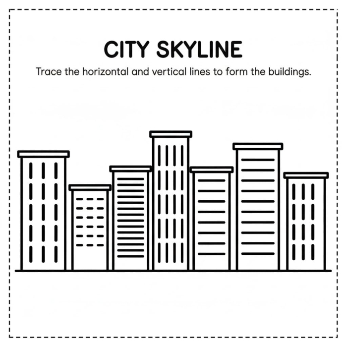 Trace the City Buildings Worksheet for Pre-K Hand Strength Development A child traces dotted lines forming city buildings while coloring them in different colors to practice fine motor skills