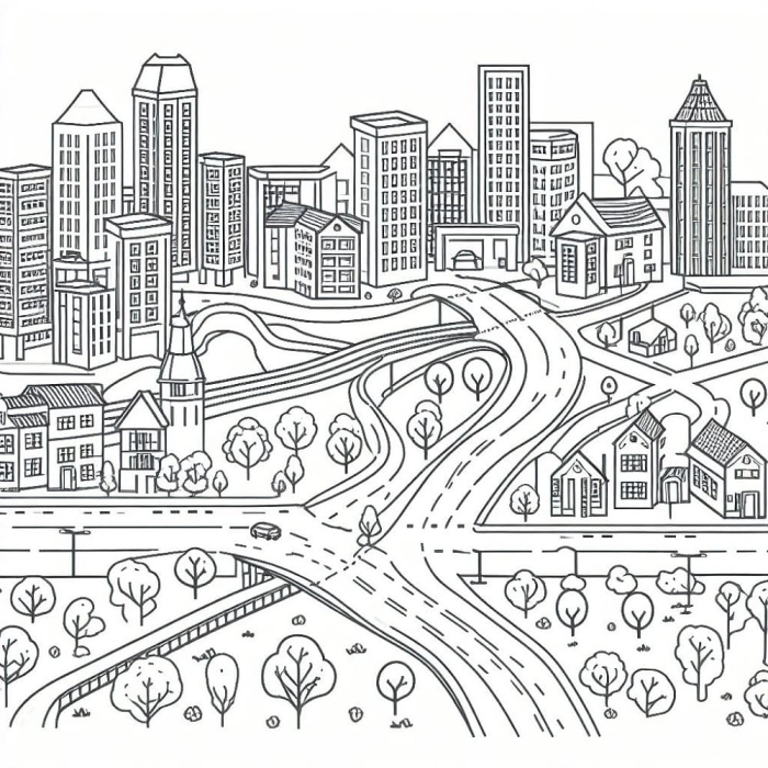 Preschool tracing activity featuring colorful city scene for hand strength development Child tracing dotted lines of city buildings while coloring them in with crayons to practice fine motor skills