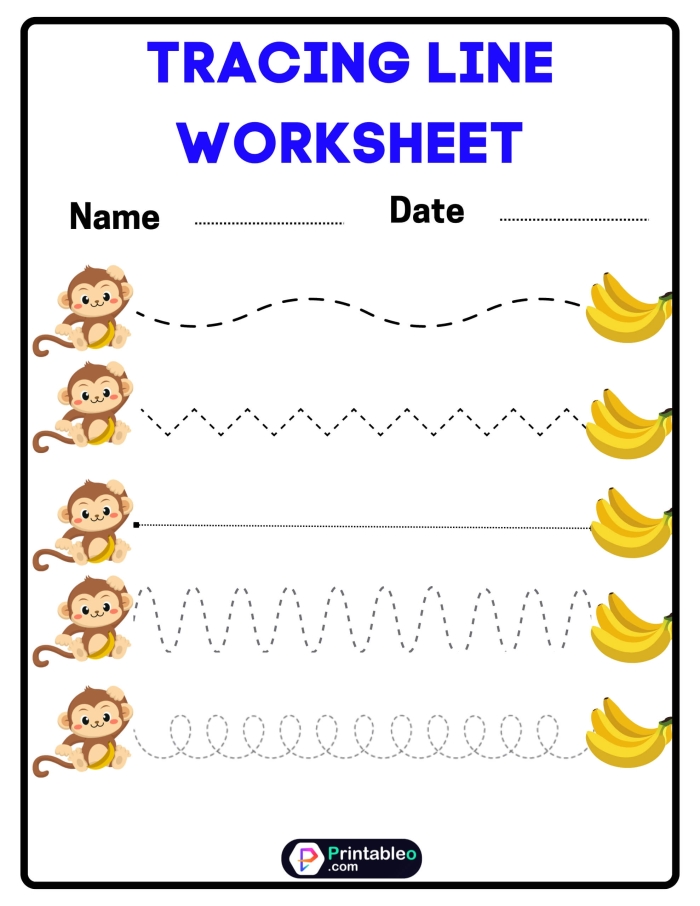 A preschooler tracing curved dotted lines to guide a friendly dog along a winding path on a worksheet
