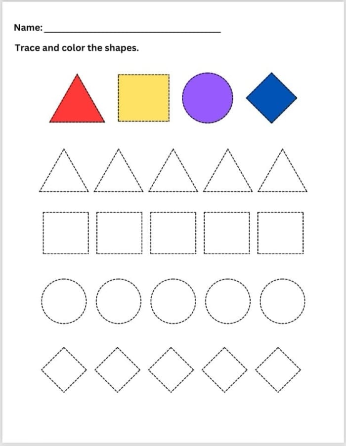 Kids engaging with the Trace and Color Shapes worksheet, developing fine motor skills through tracing and coloring. Fun worksheet for Pre-K learners to practice geometry with vibrant shapes.