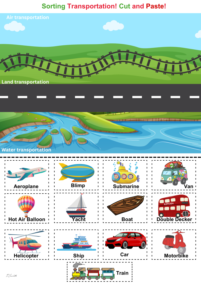 Transportation Cut-and-Paste worksheet for Pre-K students showing various vehicles to sort