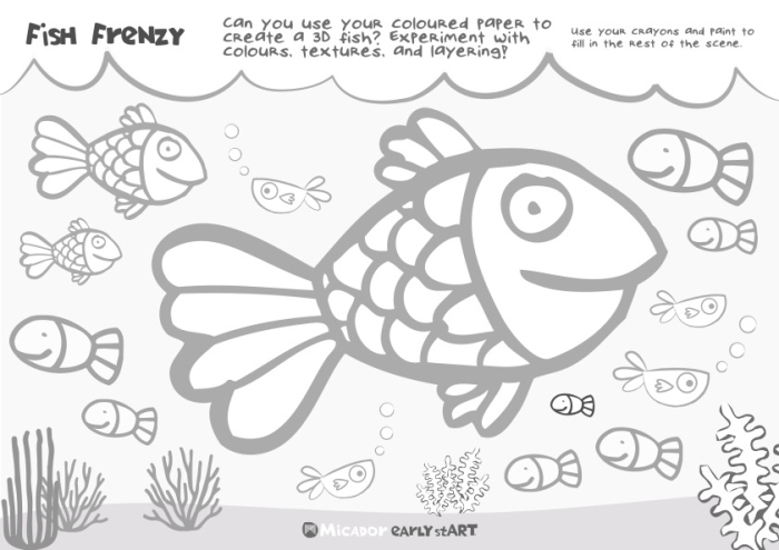Fish Frenzy Tracing Exercise 21 - Curved Line Practice for Preschool Learners Pre-K students trace curved lines to guide colorful fish swimming through ocean waves from left to right in this alphabet activity worksheet
