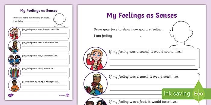 Colorful illustration of a worksheet featuring feelings and the five senses for Pre-K students