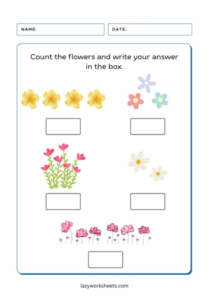 Pre-K student counting and coloring flowers while practicing positional words on worksheet 20