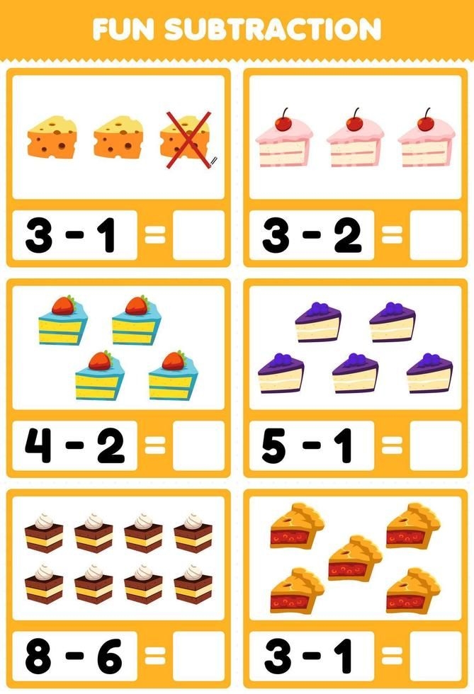 Food Math Subtraction Practice with Visual Food Examples for Young Learners Preschool subtraction worksheet showing colorful food items with picture diagrams for learning basic math concepts