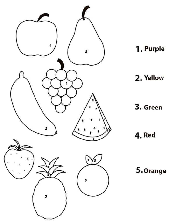 Pre-K color by number fruit worksheet featuring healthy snacks to color 25