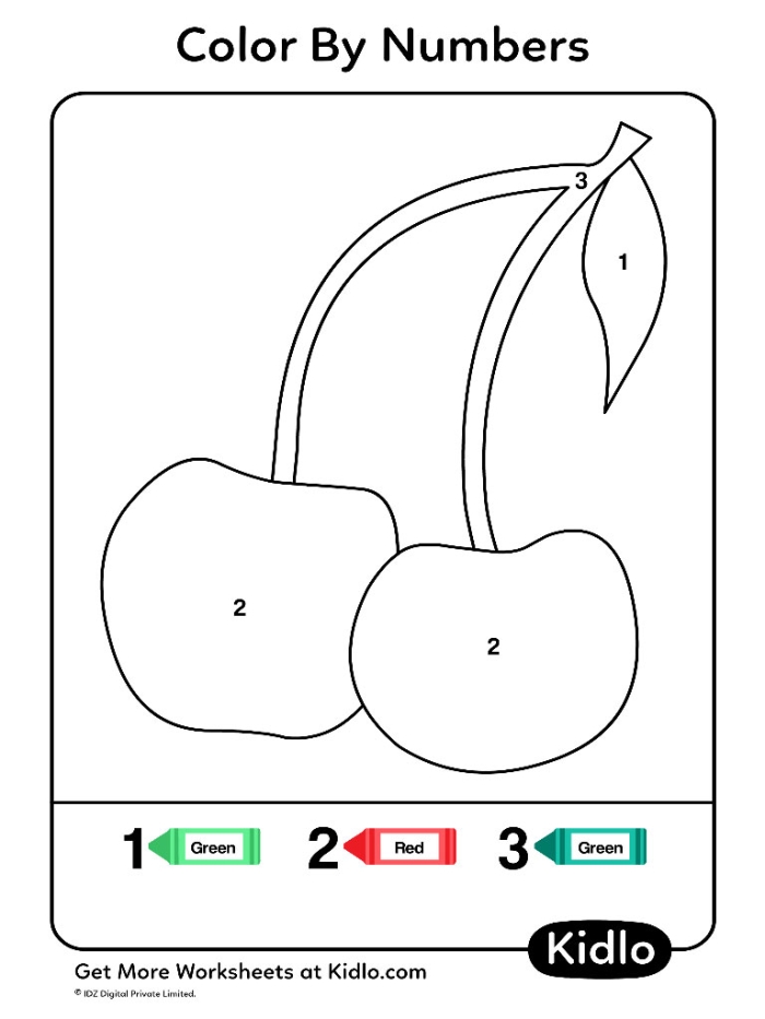 Color by number worksheet featuring various fruits for preschool learning