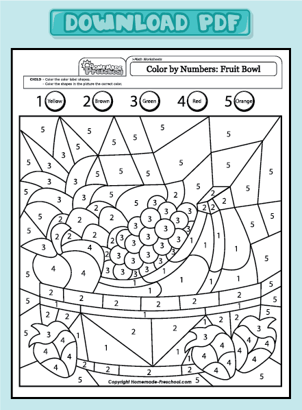Color by number worksheet featuring various fruits for Pre-K students