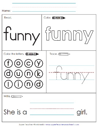 Worksheet activity for the sight word "funny" featuring arts and crafts elements for Pre-K students