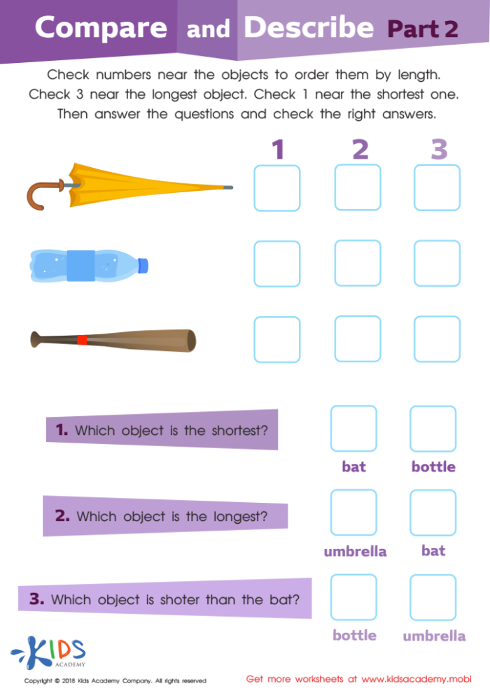 Worksheet featuring two objects for comparison in geometry for Pre-K children