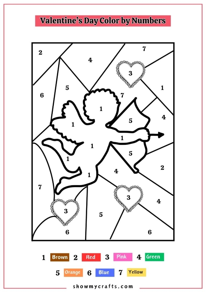Pre-K geometry Valentine color-by-number worksheet with heart and shape figures