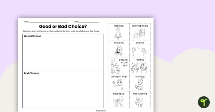 Pre-K student filling out a Good Choice Chart worksheet with colorful stars