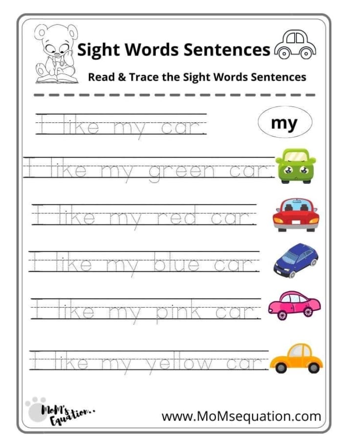 Pre-K student practicing literacy skills with a Trace the Sentences worksheet