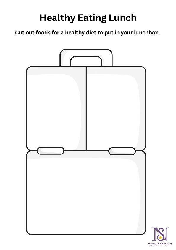 Colorful Cut and Paste worksheet for creating a healthy lunch for preschoolers