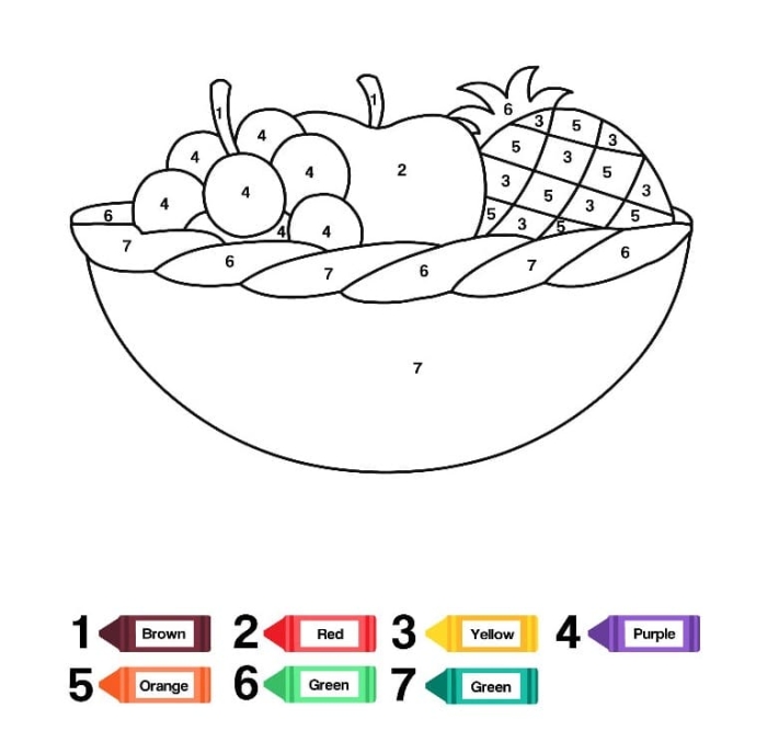 Pre-K student working on a color by number fruit worksheet featuring healthy snacks