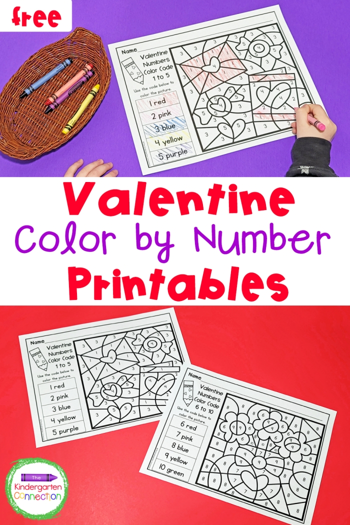Valentine color-by-number worksheet for preschoolers featuring heart shapes and numbered sections to color