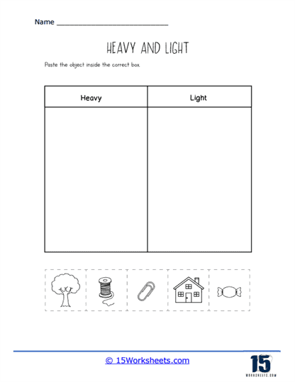 Printable worksheet for kids to learn about weight, featuring heavy and light measurement activities