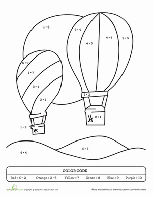 Pre-K student worksheet showing hot air balloons to color by number for worksheet nineteen