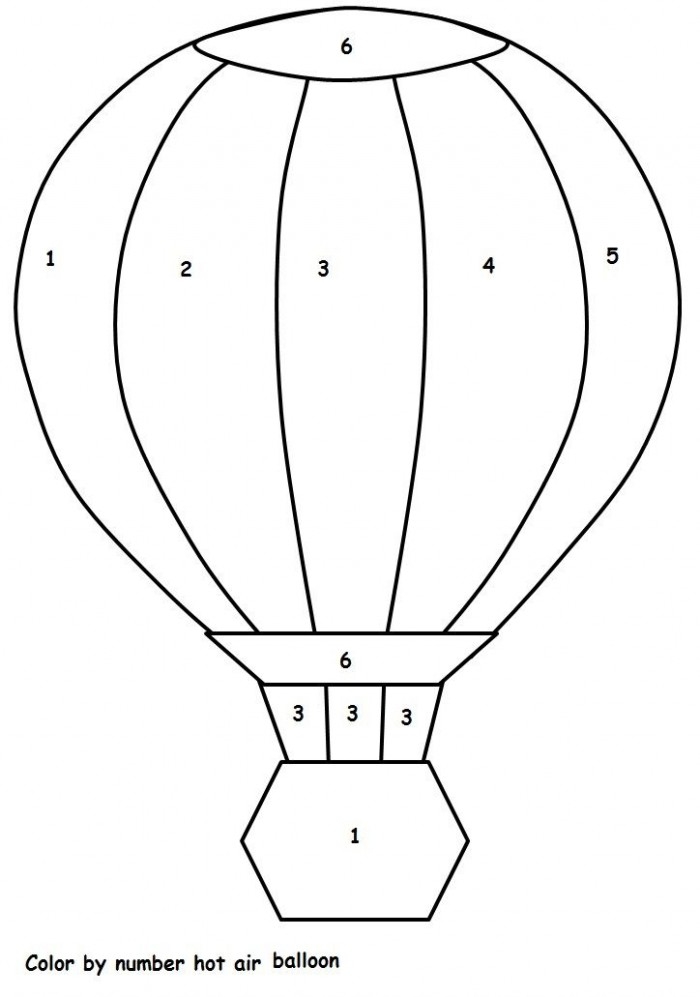 Pre-K color by number worksheet featuring a collection of illustrated hot air balloons and a nine color guide