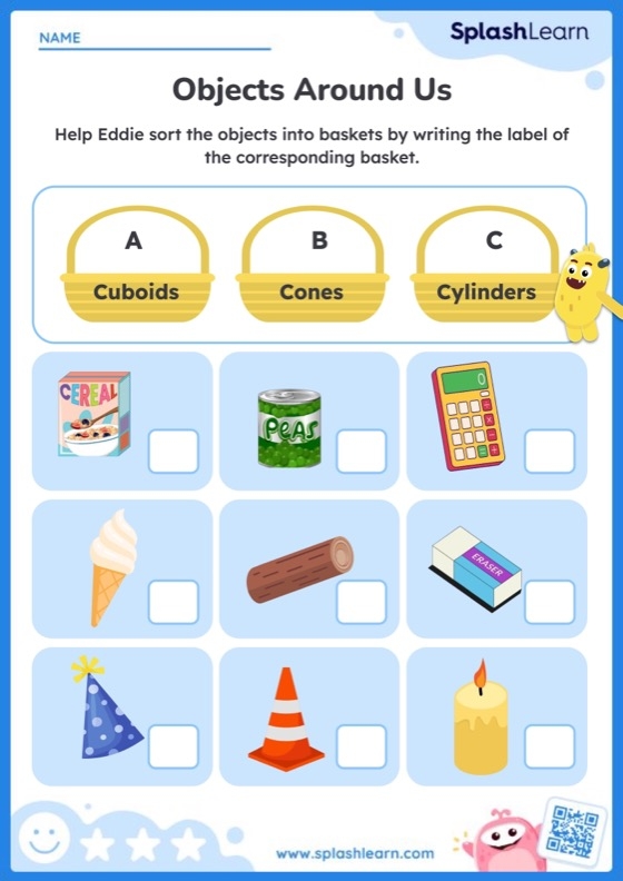 Pre-K students identifying sphere cube cone and cylinder 3D shapes on a printable worksheet