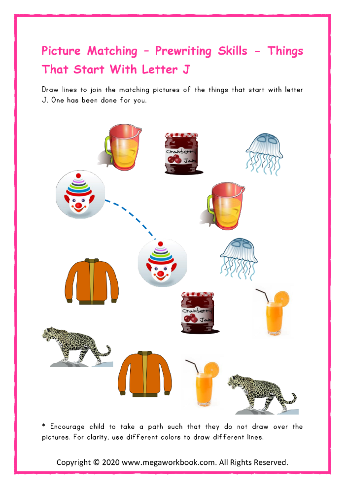 Preschool student completing a Things that Start with J phonics worksheet